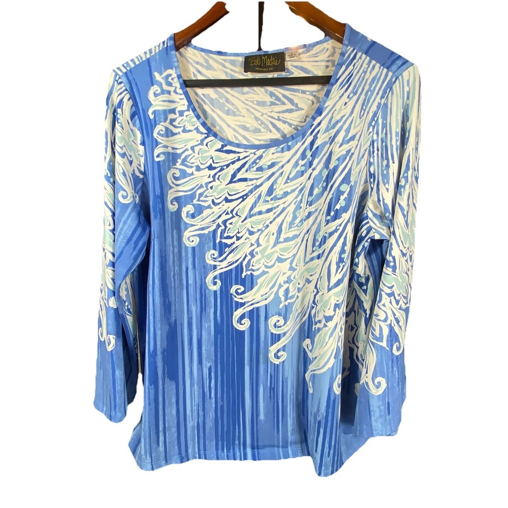 Bob Mackie Women Top Large Blue Artsy  Boho Statement Bold Floral Print‎ Modal